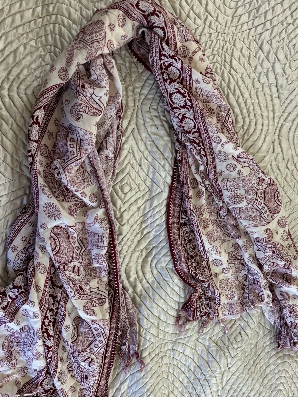 Elephant Print Anthropologie Fringed Wrap Scarf in Cream and Burgundy